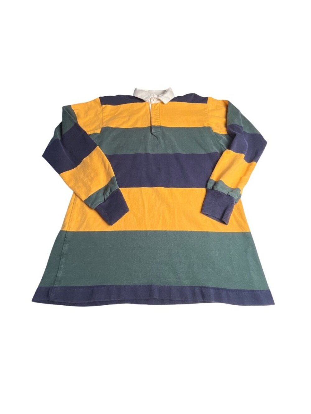 Lands End Authentic Rugby Shirt Mens M Striped Yellow/Blue/Green  USA VTG 90’s